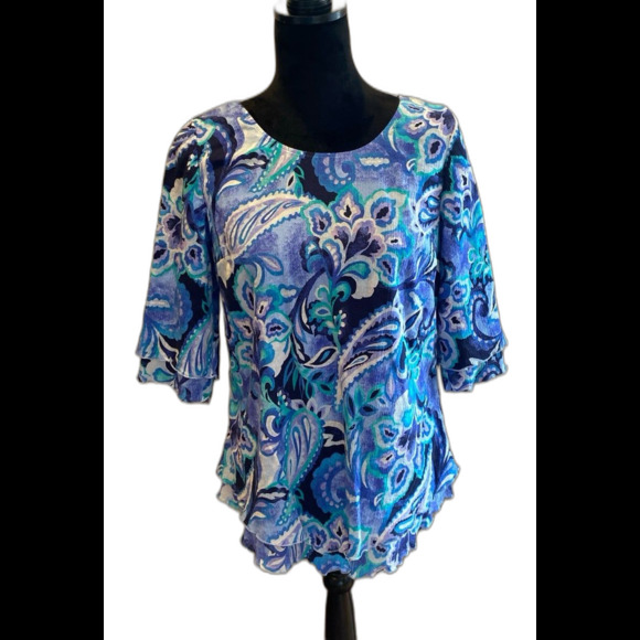 Soft Surroundings Blouse Sz ? Medium Top Blue Ruffled Edge Sleeve & V Hemline - Picture 1 of 11